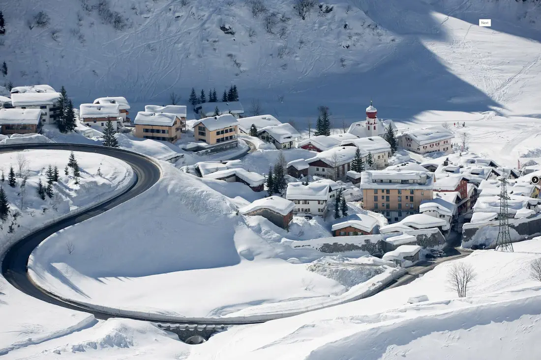 Stuben village in winter with main road going around it